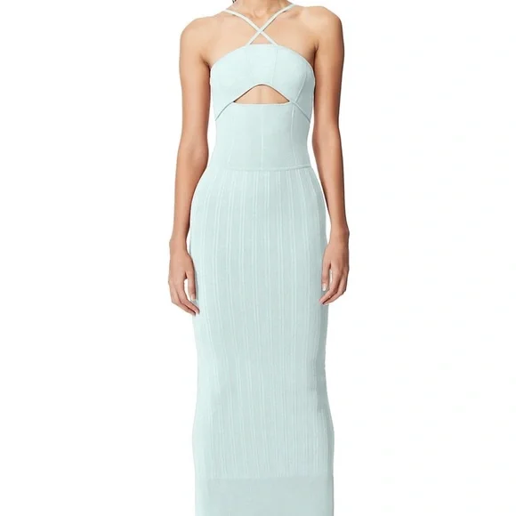 herve leger light blue dress Herve Leger Blue Metallic Striped Maxi Dress Evening Gown Size Small –  pennypincherboutique main image 0
